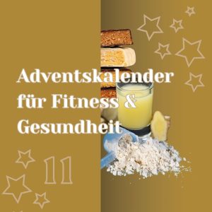 Symbolisches Adventskalendertürchen mit halb hervorschauendem Proteinpulver, Ingwershot und Proteinriegel mit Beschriftung Adventskalender mit für Fitness und Gesundheit.