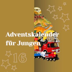 Symbolisches Adventskalendertürchen mit halb hervorschauenden Spielsachen für Jungen wie Eisenbahn, Feuerwehrauto, Einhorn-Werkzeug und Dionsaurier-Figur mit Beschriftung Adventskalender für Jungen