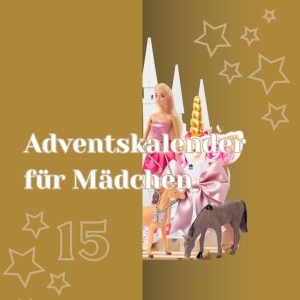 Symbolisches Adventskalendertürchen mit halb hervorschauenden Spielsachen für Mädchen wie Barbie, Schloss, Einhorn-Haarreif und Pferde-Figur mit Beschriftung Adventskalender für Mädchen