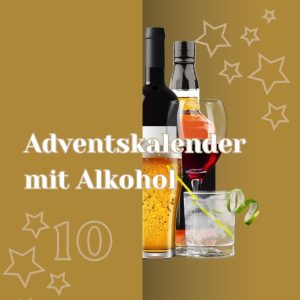 Symbolisches Adventskalendertürchen mit halb hervorschauenden alkoholischen Getränken in Flaschen und Gläsern mit Beschriftung Adventskalender mit Alkohol.