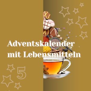 Symbolisches Adventskalendertürchen mit halb hervorschauendem Lebensmitteln wie Tee, Pralinen und Gewürze mit Beschriftung Adventskalender mit Lebensmitteln.