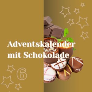 Symbolisches Adventskalendertürchen mit halb hervorschauenden Pralinen und Schokolade mit Beschriftung Adventskalender mit Schokolade.