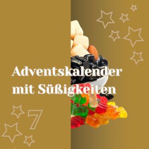 Symbolisches Adventskalendertürchen mit halb hervorschauenden Gummibärchen, Lakritz und Marzipan mit Beschriftung Adventskalender mit Süßigkeiten.